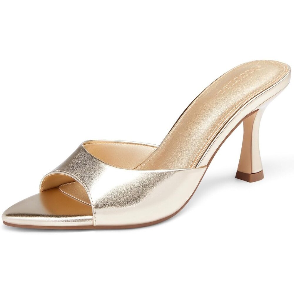 Women's Gold Heeled Mules Pointed Peep Toe High Heels Slip On Backless Mule
